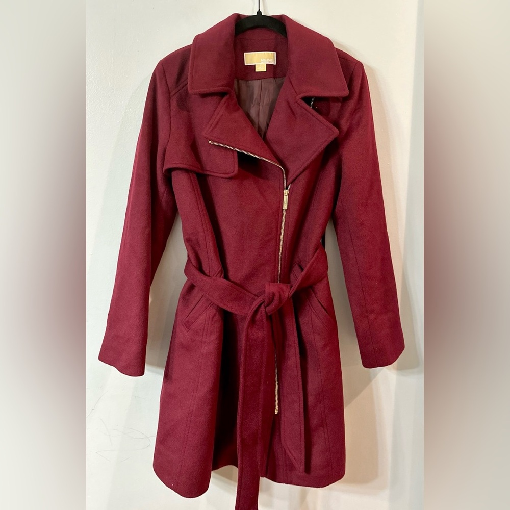 Michael Kors Women’s Asymmetric Wool Blend Wrap Coat Dark Brandy - Size S
